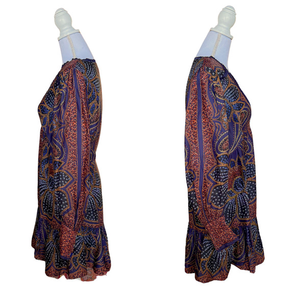 FARM RIO Floral Glam Mini Dress NWT Small Blue Paisley Boho Long Sleeve Deep V - Picture 8 of 11